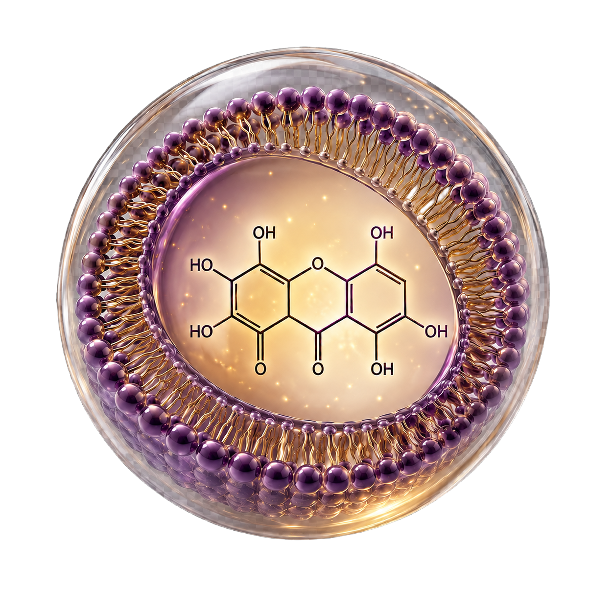 Liposomal mangosteen — xanthone molecule encapsulated inside a phospholipid liposome