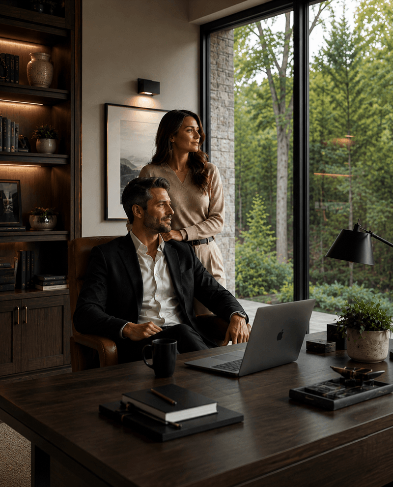 Executive at his desk in a forest-view office, with a partner standing behind him — calm focus under pressure